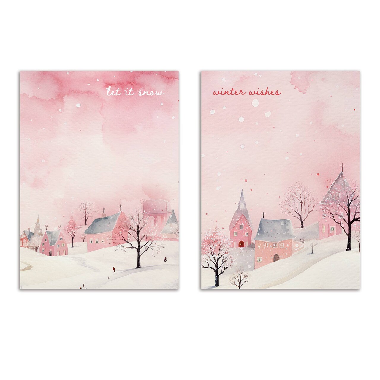 Soft Pink Christmas Greeting Cards Boxed Set of 24 Romantic Holiday Notecards Featuring Winter Village Scenes, Perfect for Girls and Elegant Festive Wishes